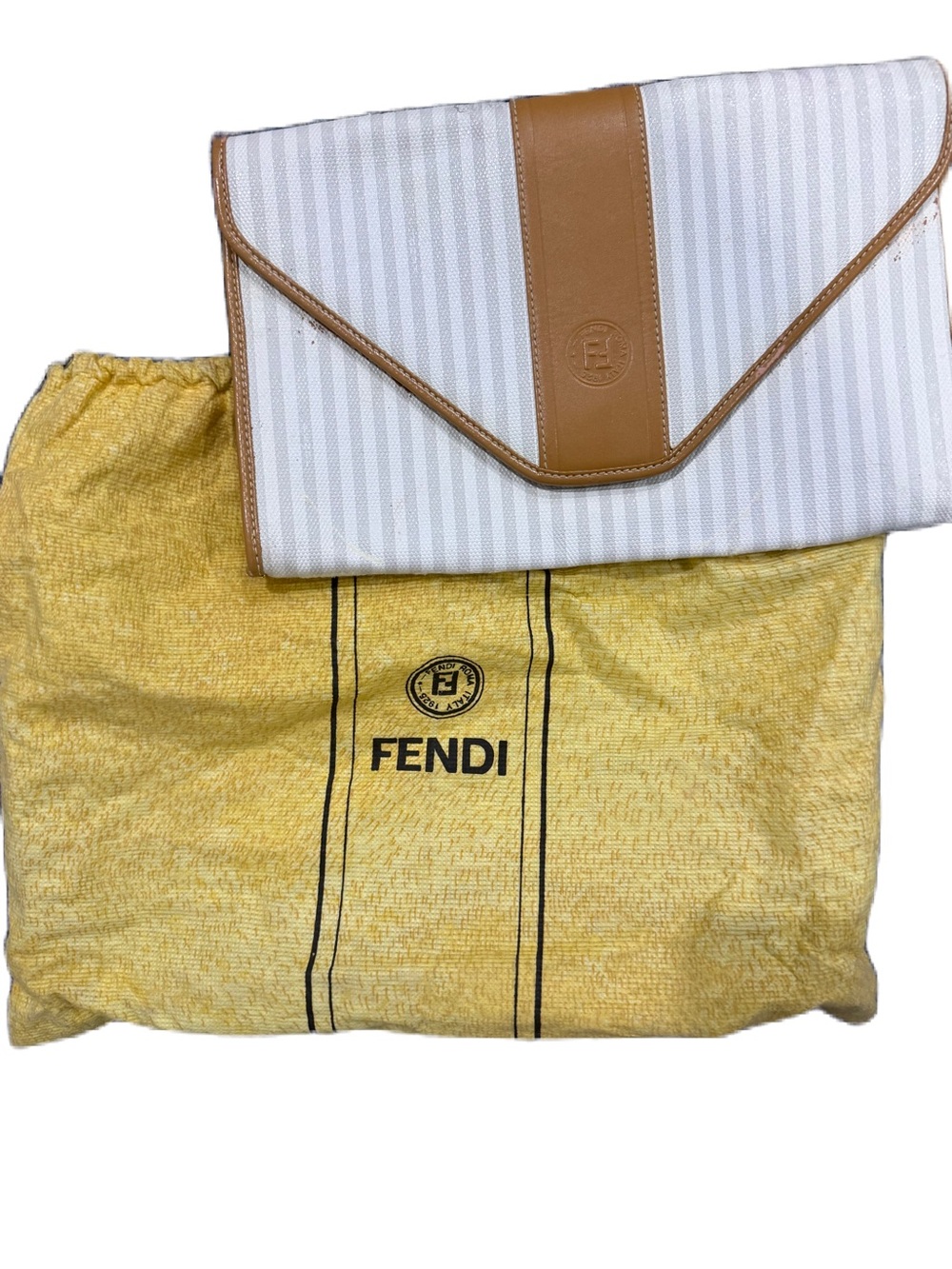 Fendi White Striped Envelope Clutch with Tan Leather Trim